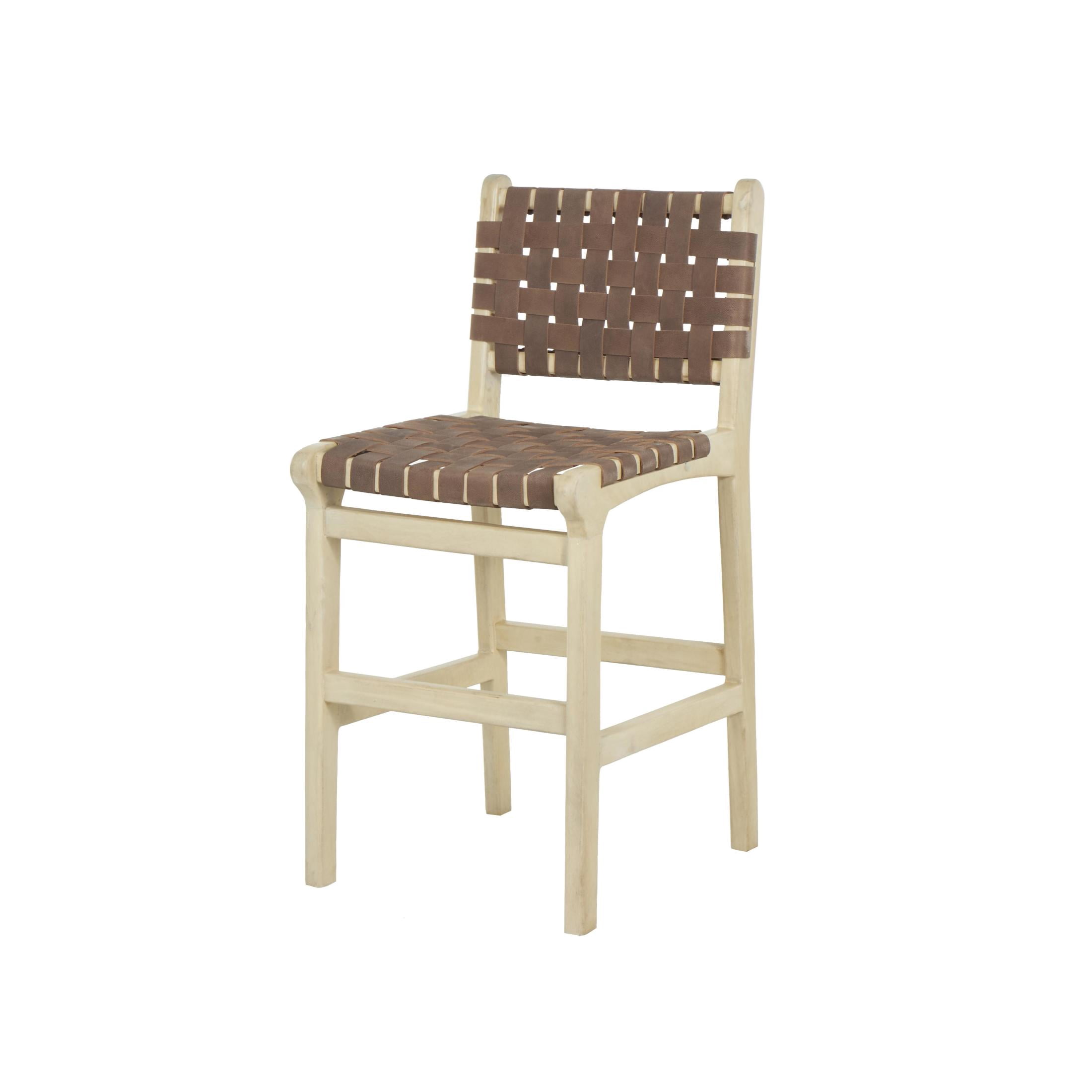 DecMode Mango Wood Handmade Woven Bar Stool with Light Brown Wood Frame with Backrest and Footrest, Brown