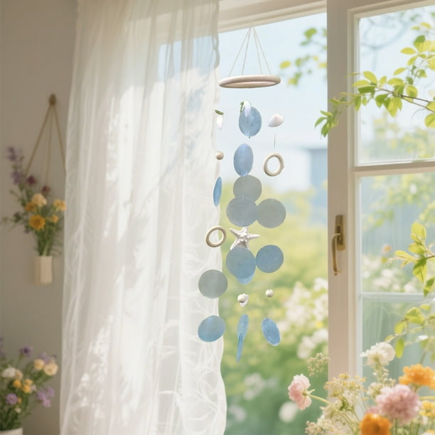 Campana de viento de madera con conchas y cuentas para la decoración del hogar | Adorno colgante artesanal para ventana | Ambiente relajante para interiores y exteriores