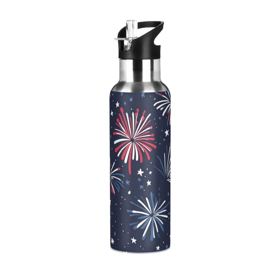 Yayeee 20oz Insulated Water Bottle Double Wall Stainless Steel with Flip Straw Lid, Red and Blue Fireworks Pattern