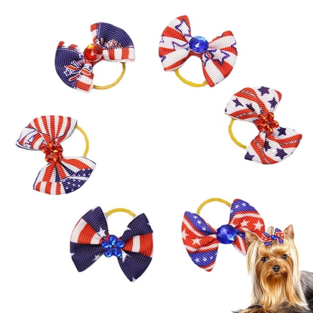 6 lazos patrióticos para el pelo de perro para el 4 de julio, lazos para el pelo con diamantes de imitación y bandas de goma, accesorios para el pelo de mascotas, color blanco, azul, rojo,