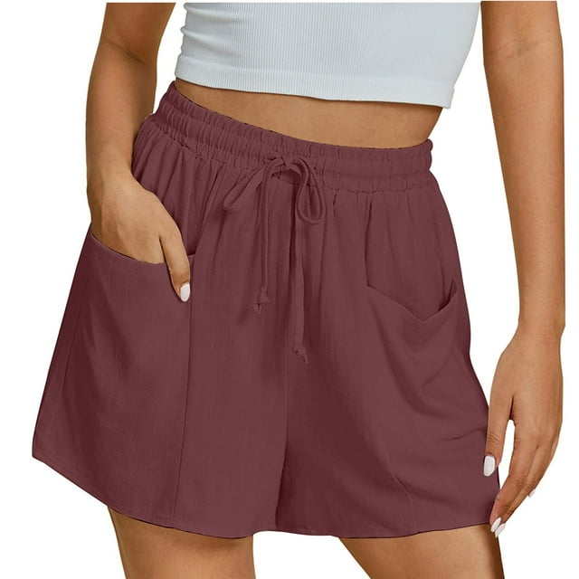Plebaso Womens Casual Summer Shorts Elastic Waist Drawstring Wide Leg Beach Vacation Shorts with Pockets
