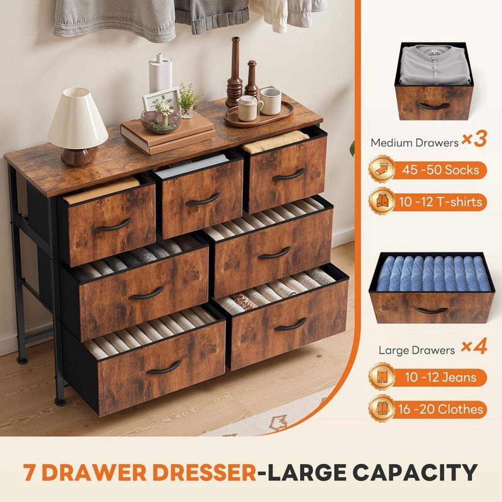 Kelno 7 Drawer Dresser Fabric Chest of Drawers Storage Organizer Wood Top Surface for TV, Rustic Brown