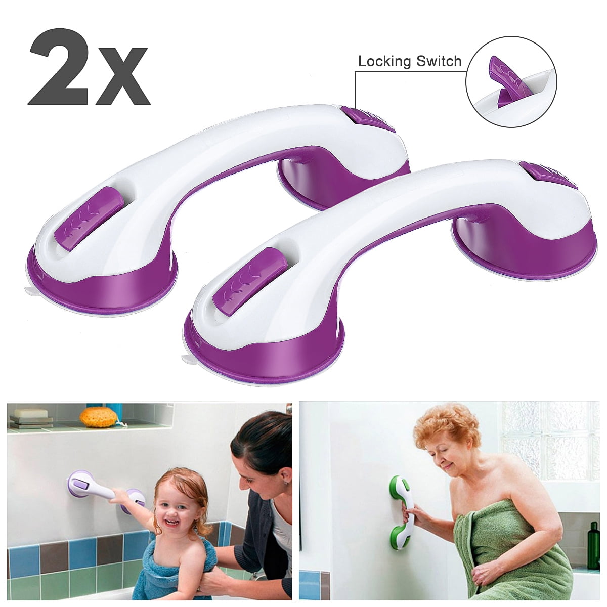 Pair Suction Cup Strong Powerful Bathroom Shower Grip Grab Handle Bar