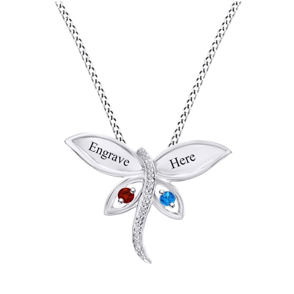 AFFY Personalized Engrave Simulated Birthstone Dragonfly Pendant Necklace 14k White Gold Over Sterling Silver 18" Chain