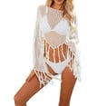 thumbnail image 3 of Maqroz Mesh Cover Up Women Long Sleeve Beach Tunic Fringe Trim Hollow Out Swimsuit Coverup Summer Vacation Cropped Top, 3 of 10