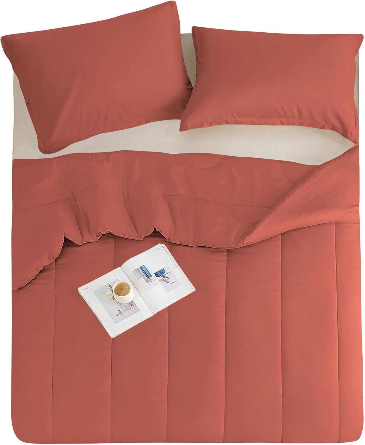 5 Piece Luxury Thicker Pattern Comforter Set, 800 TC, 100% Egyptian Cotton, Oversized Super King Size Brick Red Solid Color