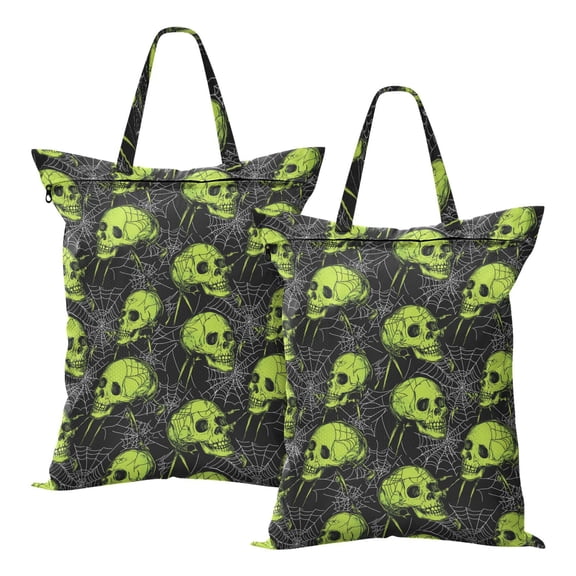 Wobogo Spiderweb Green Skull Travel Laundry Bag Dirty Clothes Organizer Top Handle Strap Design Suitable for Beach Camping Dormitory Bathrooms