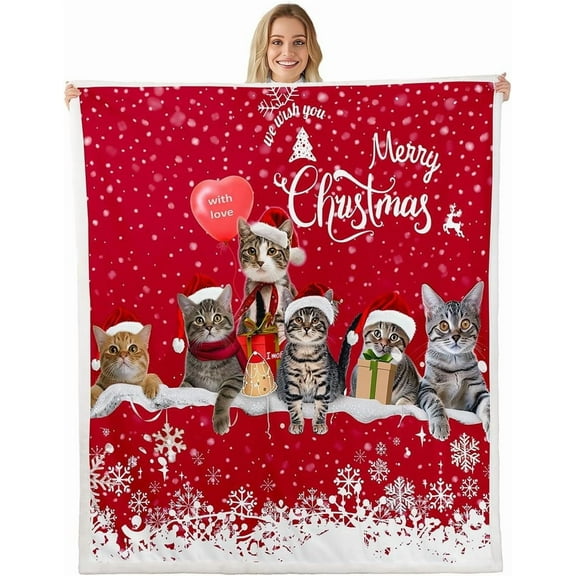 Merry Christmas Cat Fleece Sherpa Blanket Xmas Snowflake Pet Sherpa Cute Kitten Print Plush 3D Animal Red White Warm Fuzzy 60"x80" Twin Bedroom Decor