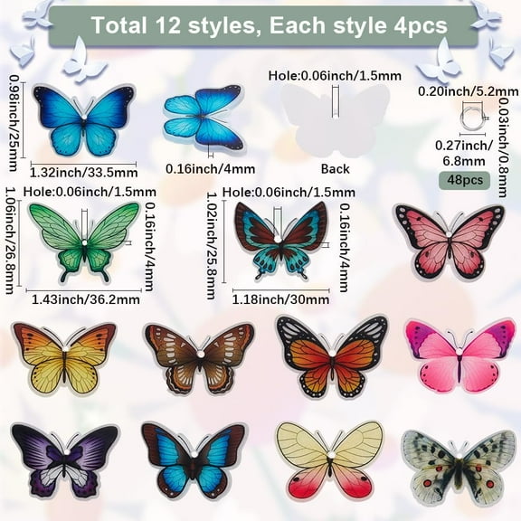 1 Box 48Pcs 12 Styles Filigree Butterfly Charms Acrylic Butterfly Charms Bulk Colorful Animal Butterflies Silver Iron Jump Ring Charm for Jewelry Making Charms Necklace Earrings DIY Crafts