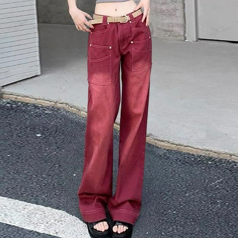 GHSOHS Jeans for Women Y2K Baggy Jeans Red Denim Pants GHSOHS Jeans for Women Y2K Baggy Jeans Red Denim Pants