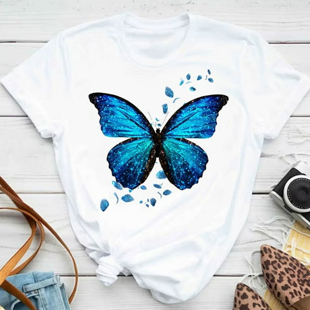 Nueva Moda Mujer Camiseta Azul Mariposa Y Hojas Impresion Manga Corta Casual Suelta Talla Grande Cuello Redondo Blusa Primavera Verano Ropa Blanca Y Negrapangjing Walmart en linea