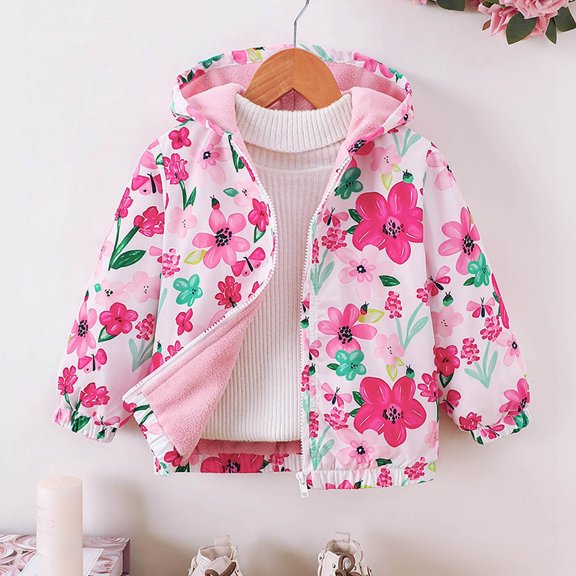 Rvasteizo Girls Zip-Up Jacket Print Floral Long Sleeve Hooded Fleece Lined Relaxed Warm Outerwear for 3 to 15 Years