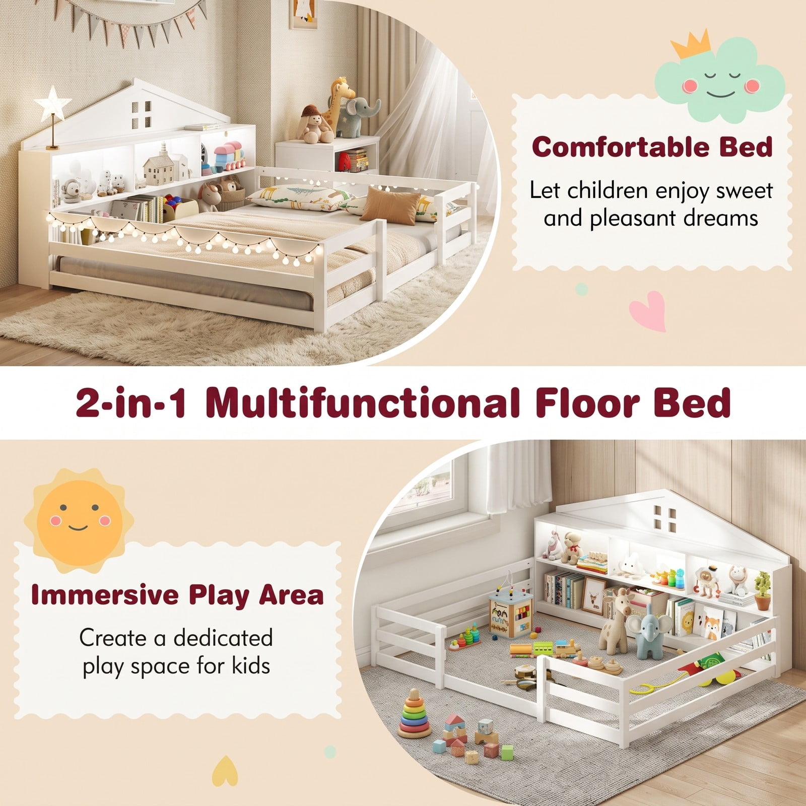 Furnibear Full Size Bed Frame Montessori Floor Bed with House Headboard and LED Lights, Kids Room Floor Bed Frame with Storage, White