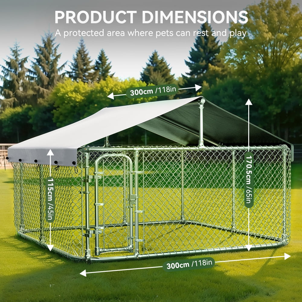 DOMIPET 10 x 10FT Large Outdoor Dog Kennel with Waterproof Roof, Heavy Duty Shade Dog Cage Pet Kennel House, Dog Enclosure for Outside, Dog Fence Playpen Weatherproof Shelter