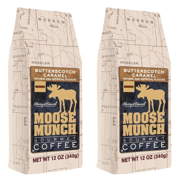 Moose Munch Butterscotch Caramel Ground Coffee – 2 Pack, 12 oz Bags – Sweet Buttery Caramel Flavored Medium Roast Coffee