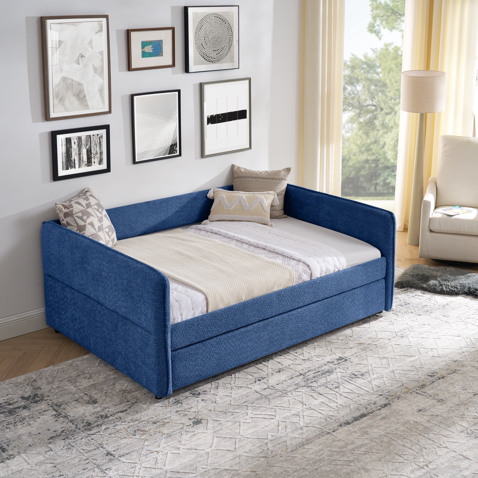 Mintazer Full Upholstered Daybed with Trundle, Boucle Fabric Sofa Bed for Living Room & Bedroom, Blue