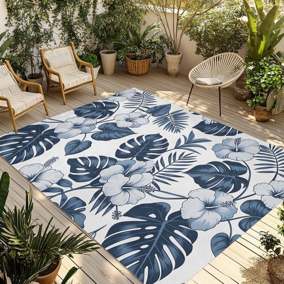 Fsddascl Palm Leaves Outdoor Rug for Patio/Deck/Porch, Non-Slip Large Area Rug 6 x 9 Ft, Vintage Summer Blue Tropical Flowers Plants Indoor Outdoor Rugs Washable Area Rugs, Camping Rug Carpet Runner