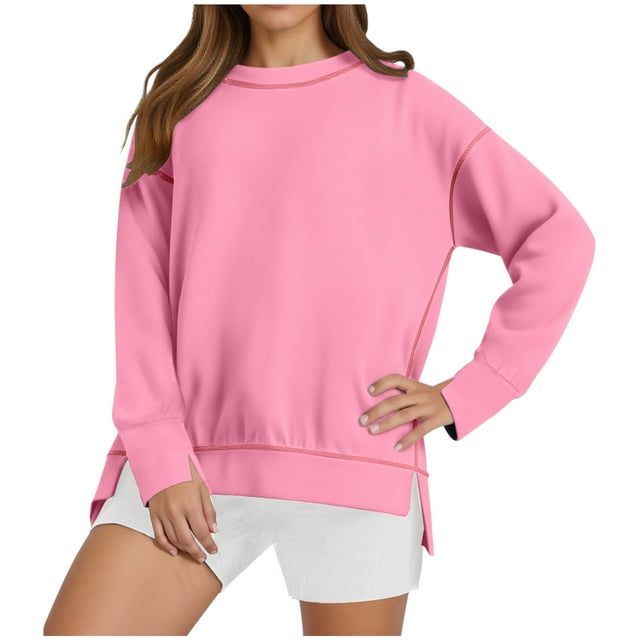 HAiming Womens Long Sleeve Oversize Sweatshirt Casual Crewneck Pullover Color Block Side Split Tops