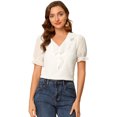 thumbnail image 1 of Blusa de lunares suizos Allegra K con volantes cuello En V manga corta gasa parte superior campesina blanco XS, 1 of 6