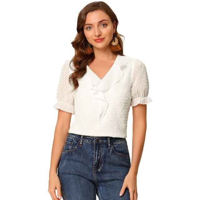 Blusa de lunares suizos Allegra K con volantes cuello En V manga corta gasa parte superior campesina blanco XS
