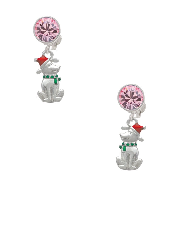 Delight Jewelry Silvertone 2-D Christmas Dog with Red Hat Pink Crystal Clip on Earrings
