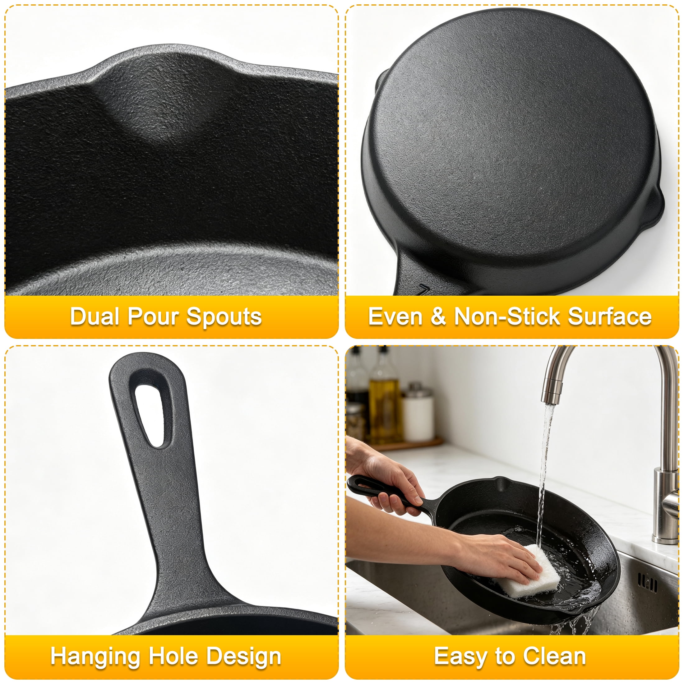 Cast iron Skillets 3 Piece Set, Heavy-Duty Professional Restaurant Chef Quality Pre-Seasoned Pan Cookware Set, 6", 8", 10" Pans For Frying, Saute, Cooking, Use Indoor/Outdoor, Oven, Grill