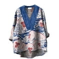 thumbnail image 3 of Blue Women Shirts Japanese Traditional Geometric Pattern Printed Women's Casual Cotton And Linen V Neck Shirt Blouses for Women Trendy, 3 of 5