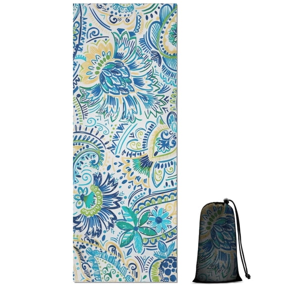 Blue Paisley and Floral Pattern Hot Yoga Mat Towel Non Slip for Hot Yoga - Quick-Drying Yoga Mat Cover with 4 Corner Pockets with Travel Bag - Hot Yoga Towel Non Slip 70"x26"