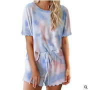 Women Pajama 2pcs Set Tie Dye Pattern  Top + Pants Sleepwear Nightwear