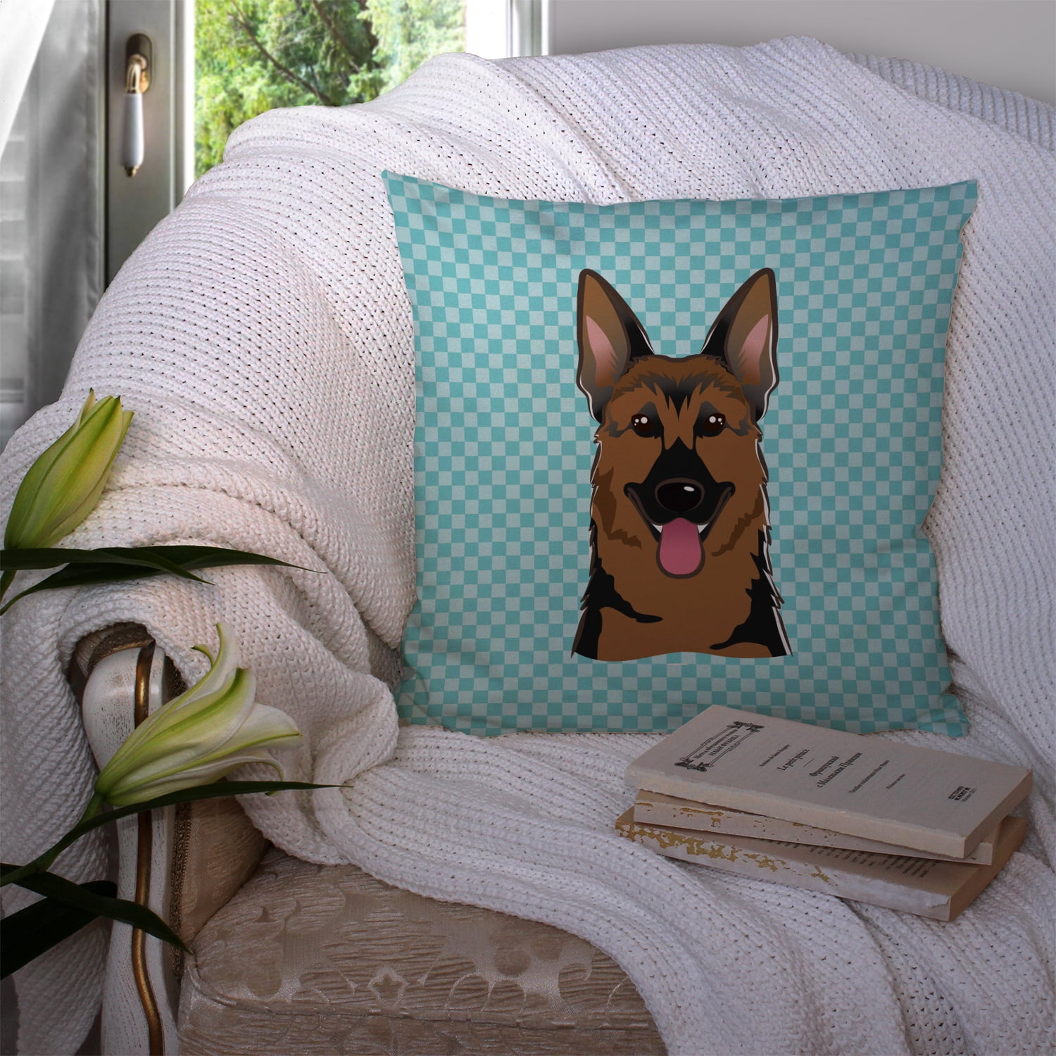 Caroline's Treasures BB1149PW1414 Checkerboard Blue German Shepherd Canvas Fabric Decorative Pillow , 14Hx14W,