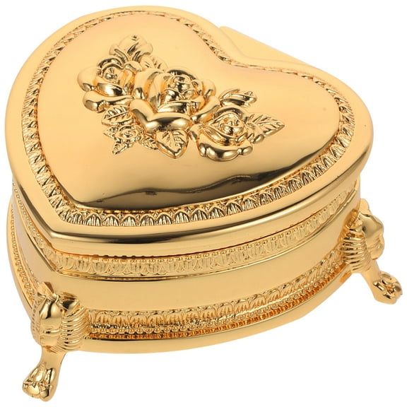 HEMOTON Golden Heart Shaped Metal Jewelry Box for Storage and Desktop Decor with Carved Floral Design 4.7 x 3.5 Inches