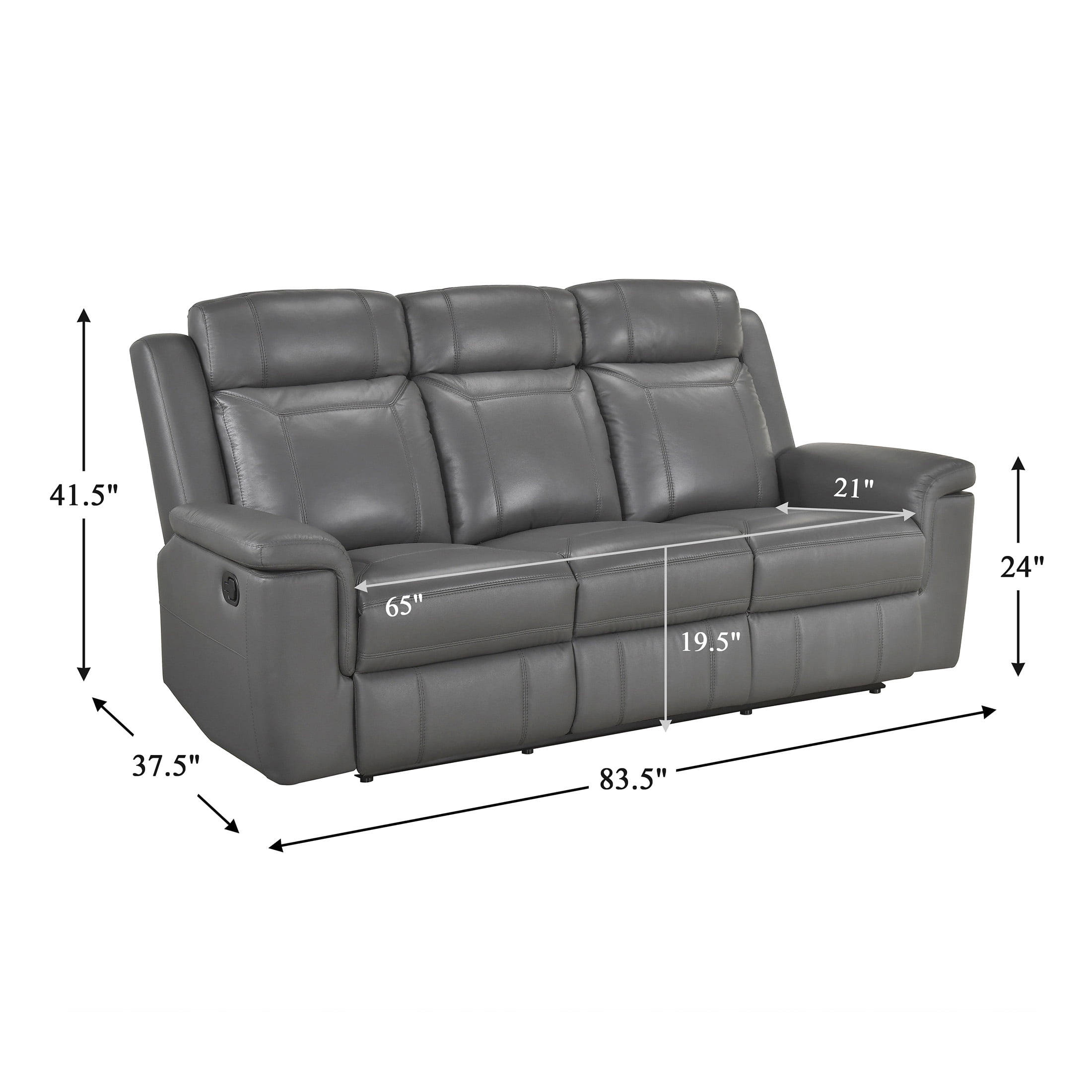 OakvillePark Livaro Leather Match Manual Double Reclining Sofa, Dark Gray