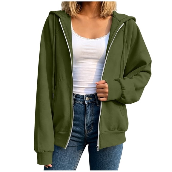 lcziwo Women Zip Up Hoodie Thin Casual Raglan Sweatshirts with Pockets Solid Color Drawstring Long Sleeve Winter Hoodies 2026 Green,L
