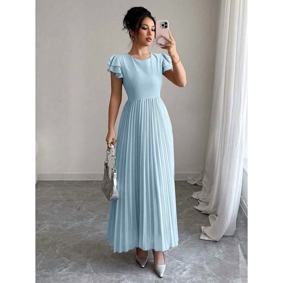 Blue Women Ruffle Sleeve Pleated Maxi Dress With Scoop Neck And Relaxed Fit