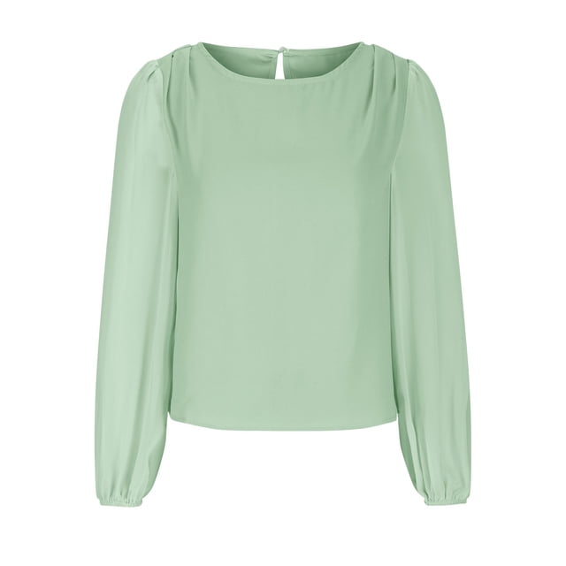 Timegard Womens Tops Chiffon Puff Long Sleeve Crewneck Ruched Back Button Tee Shirts Casual Loose Tops