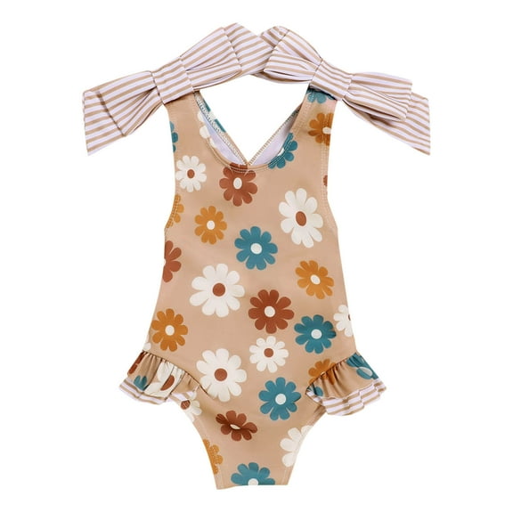 adviicd Girls Swimsuits Girls One Piece Swimsuits Sport Halter Swimwear Beach Bathing Suit (Khaki,5-6 Years)