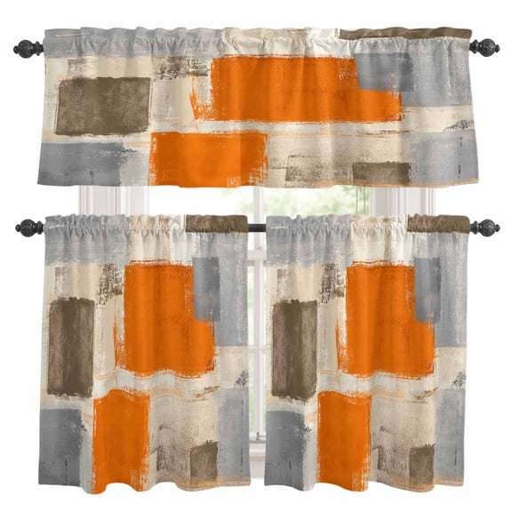 Burnt Orange Grey Kitchen Curtains Sets for Windows 24 Inch Length, Abstract Modern Oil Painted Geometric Rod Pocket Window Treatments Tier Curtains and Valances Set for Bedroom/Bathroom