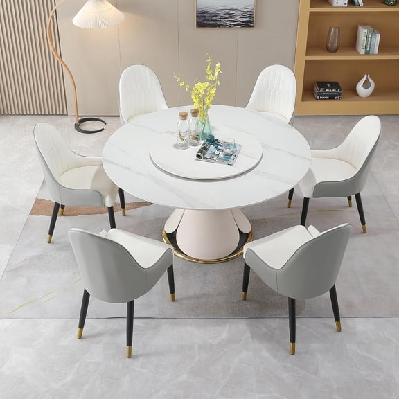 59"Round Marble-Design Dining Set w/ 6 Grey Chairs Table & Petal Base | 6-8 Seater for Kitchen/Dining Room