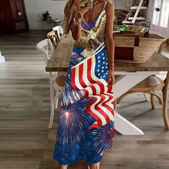 Wycnly Womens Dresses Loose High Waist Spaghetti Strap Independece Day Maxi Dresses Fashion Star USA Flag Print V-Neck Sleeveless Long Summer Dress Black XL