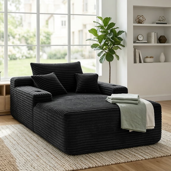 Muumblus Oversized Indoor Chaise Lounge, 47"W Cozy Lounge Chair with Cup Holders, Boneless Cloud Sofa for Living Room, Bedroom, Black Plush Corduroy