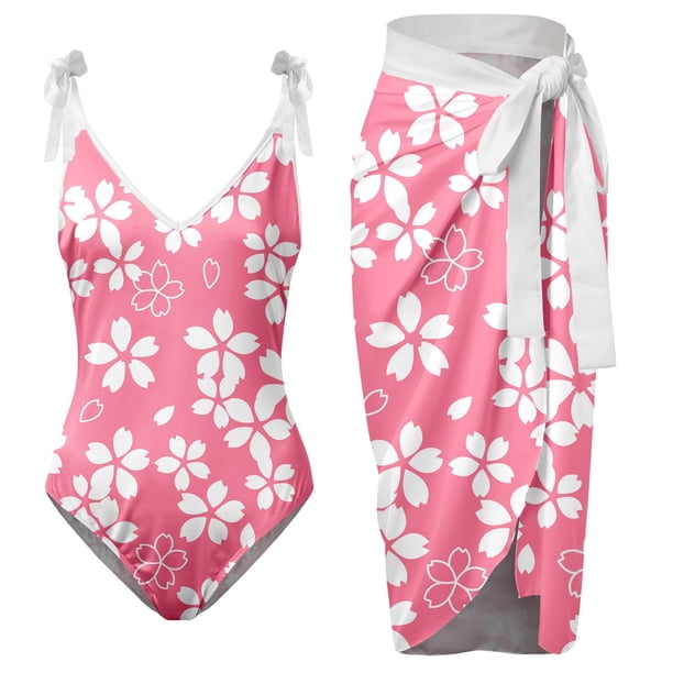 Gibobby Trajes de Baño Mujer Traje de baño con estampado de flores y cuello en V para mujer Conjuntos de bikini con falda y delantal(Rosa,M)