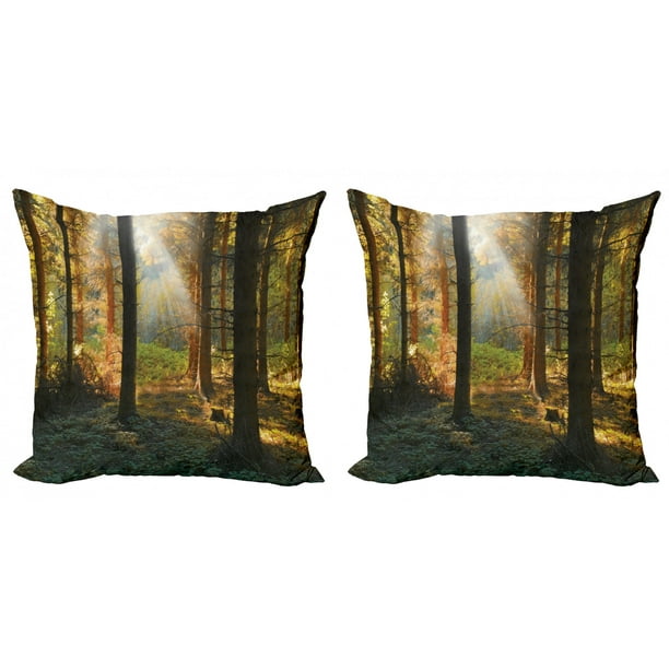 Forest Throw Pillow Cushion Cover Pack Of 2 Sunset View Of Dark Pine Woodland In Autumn Foggy Scene Sunbeams Trunks Shadow Zippered Double Side Digital Print 4 Sizes Orange Green By Ambesonne