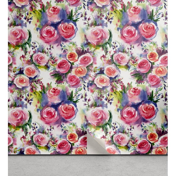 Ambesonne Flowers Vintage Peel & Stick Wallpaper for Home, Aquarelle Floral, 13"x36", Dark Coral Dark Lavender