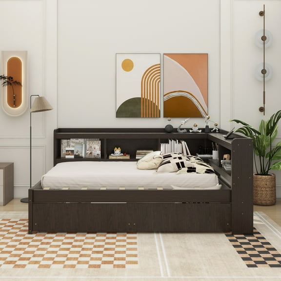 Full Size L-shaped Bookcases Bed with Power Outlets, USB Charging Ports,Two Drawers,Espresso