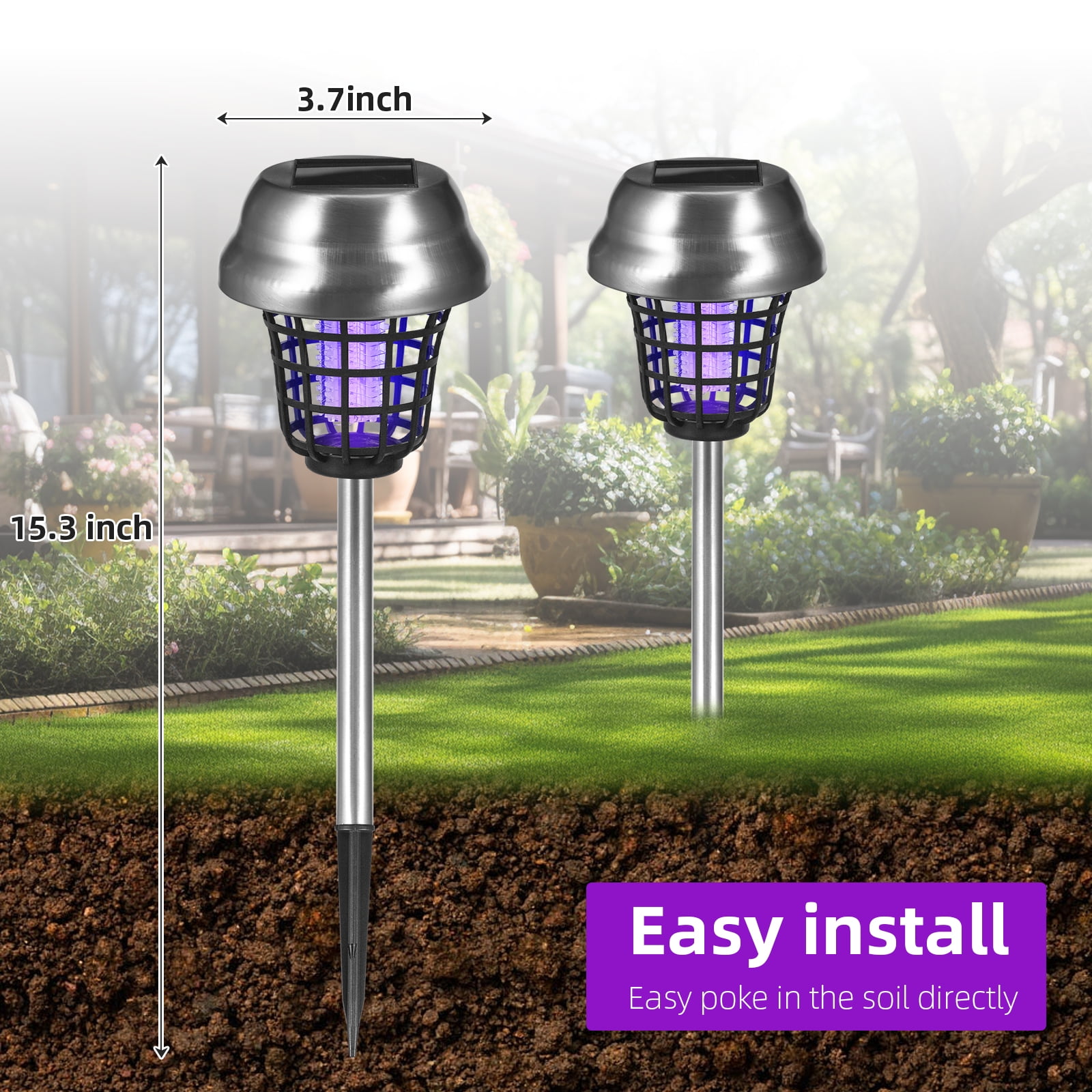 Outdoor Solar Bug Zapper Repellent Lamp Stake Light, 2-Pack, Effective Mosquito & Fly Killer for Yard Garden Camping