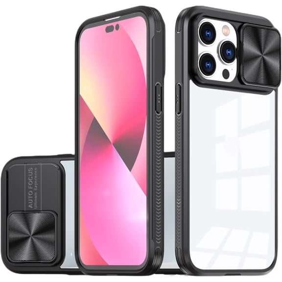 Sliding Window Clear Resin Phone Case for iPhone 14 13 12 11 Pro Max Plus, Transparent Lens Protective Pop Back Cover, Shockproof and Drop-Proof Shell(Black,14 Pro Max)