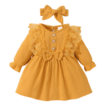 

Kucnuzki 3 Months Baby Girls Winter Dress Causal Dress 6 Months Long Sleeve Solid Color Lace Layer Upper Ruffled Layer Casual Dress Headband 2PCS Set Yellow