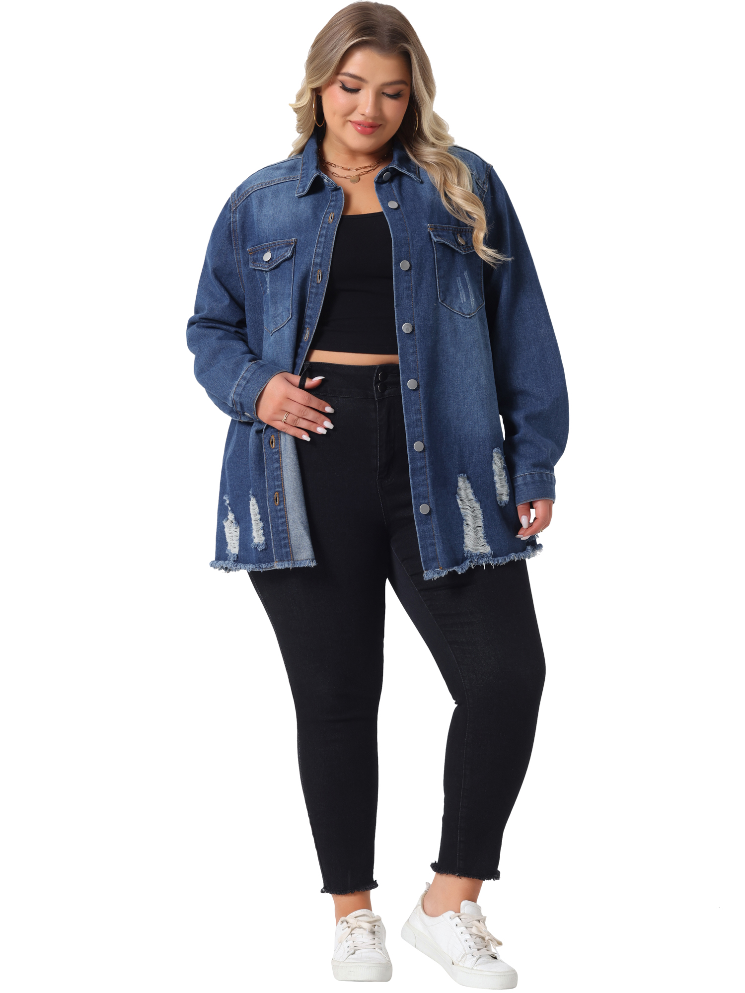 DARING DIVA Women's Plus Size Button Down Long Distressed Denim Jacket 1X Dark Blue