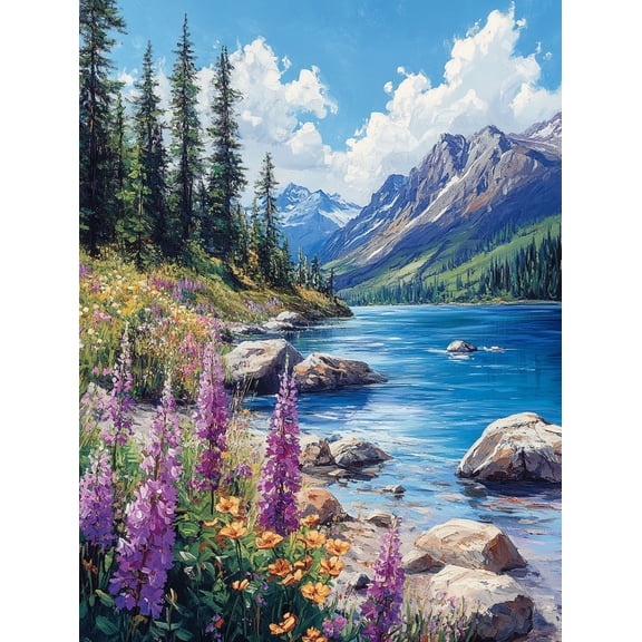 Mountain Lake Flowers Canvas Print/Wall Art, Perfect for Living Room, Bedroom, Office, Bathroom, and Hallway Decoration.