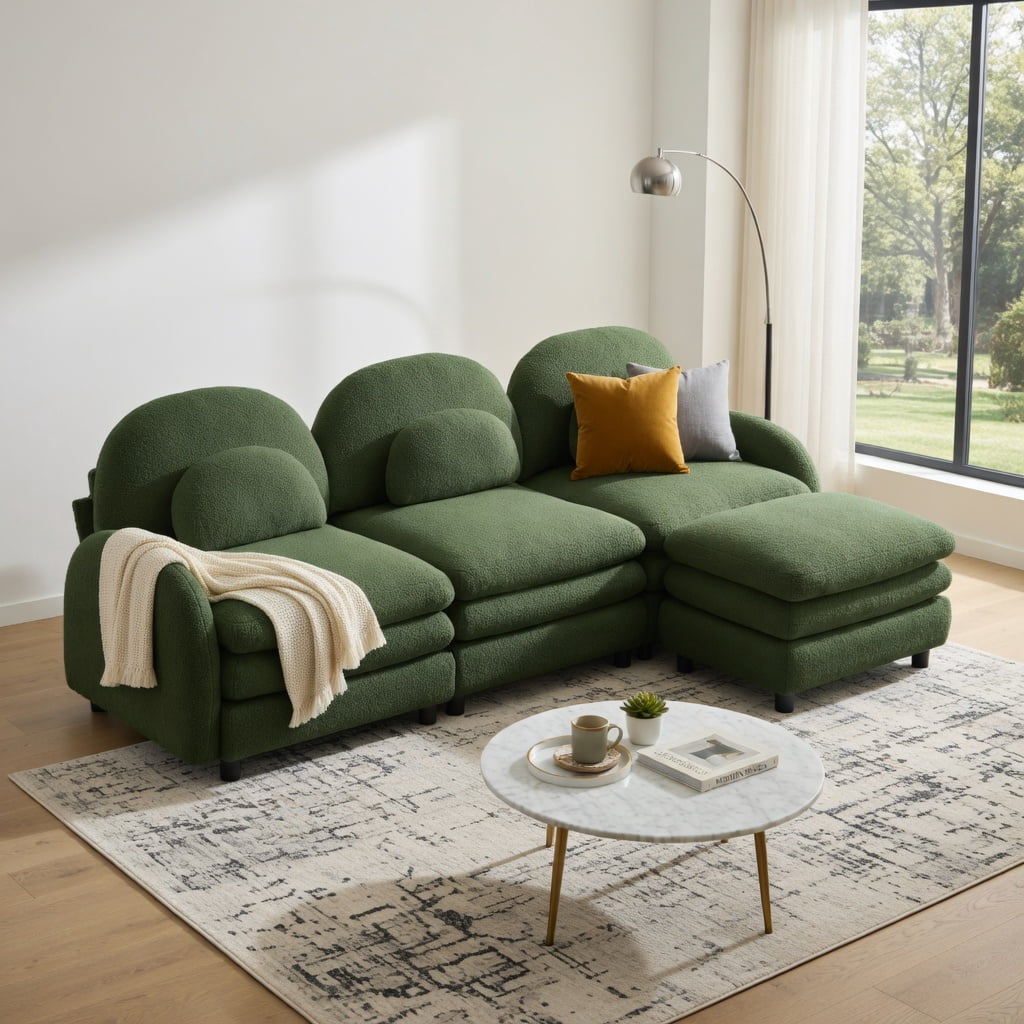 Hommoo Teddy Fleece 3-Seat Modular Sofa Set with Curved Backrest, Movable Ottoman & Lumbar Pillows, Cloud-Like Comfort Couch, Green